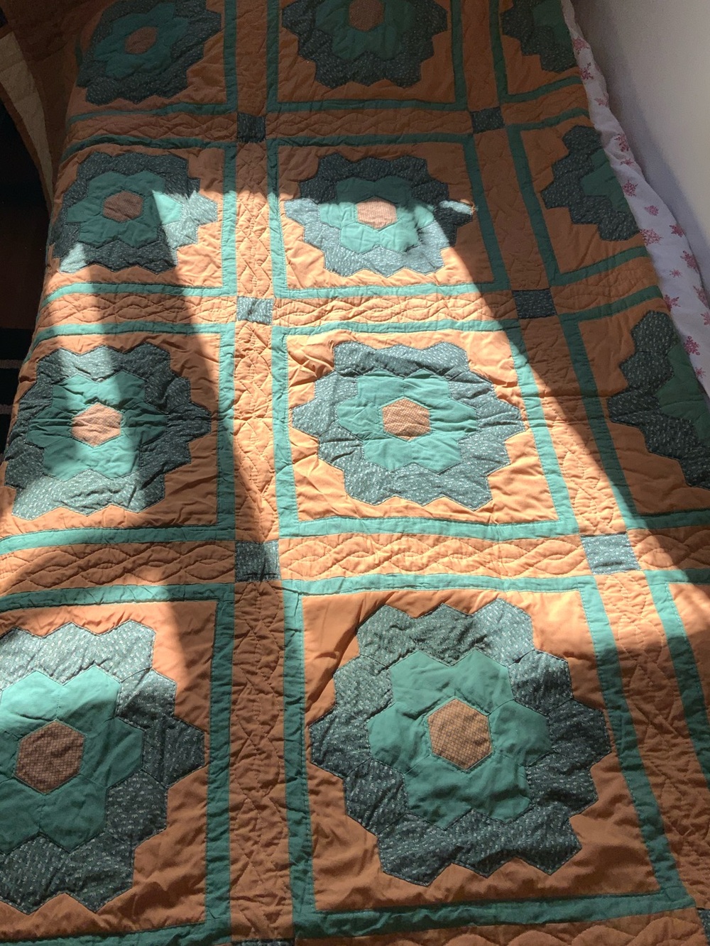 vintage handmade quilt king sized with two shams orange teal blue green 1997